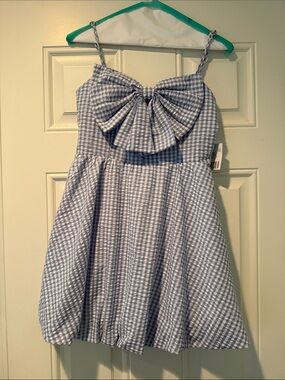 Blue Gingham Mini Dress with Statement Front Bow
